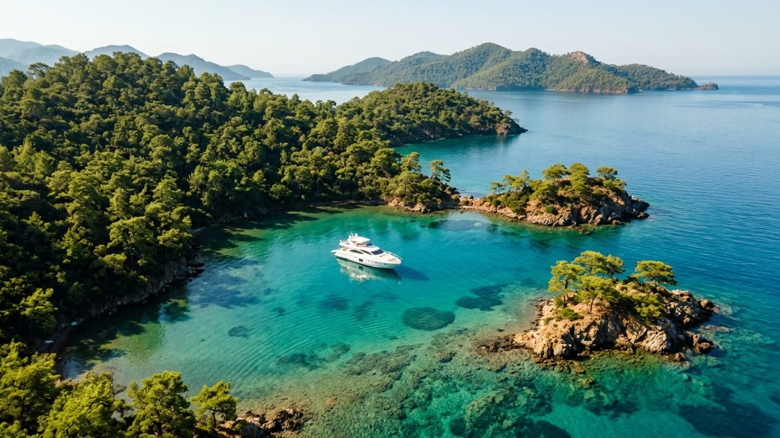 Göcek 12 Adalar’da turkuaz bir koyda demirlemiş özel tekne