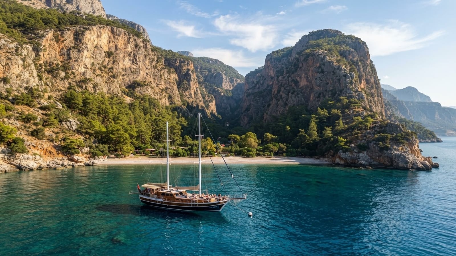 Ölüdeniz açıklarında berrak suda demirli gulet ve kıyıdaki yeşil vadi