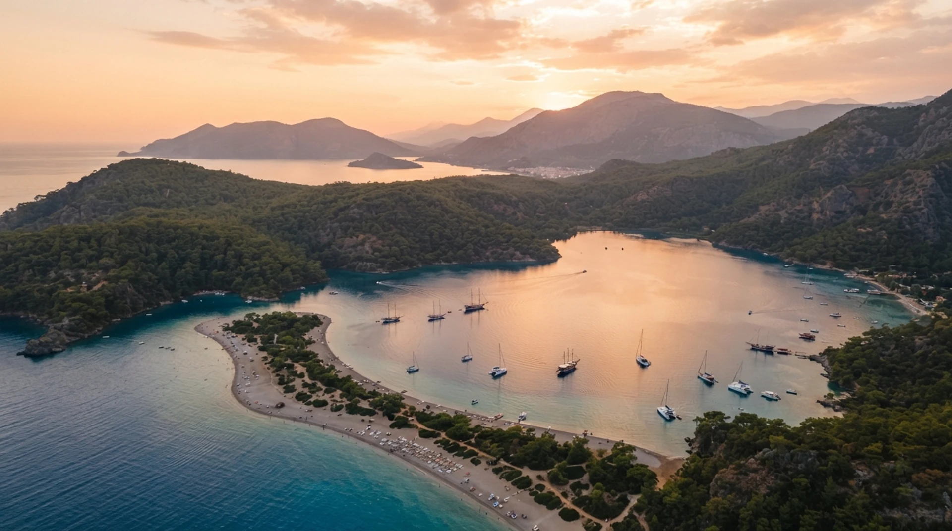 Gün batımında Ölüdeniz lagününde demirli yatların havadan görünümü – Fethiye yat kiralama
