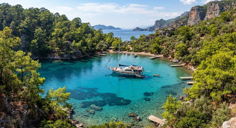 Göcek koyunda demirli gulet ve berrak deniz