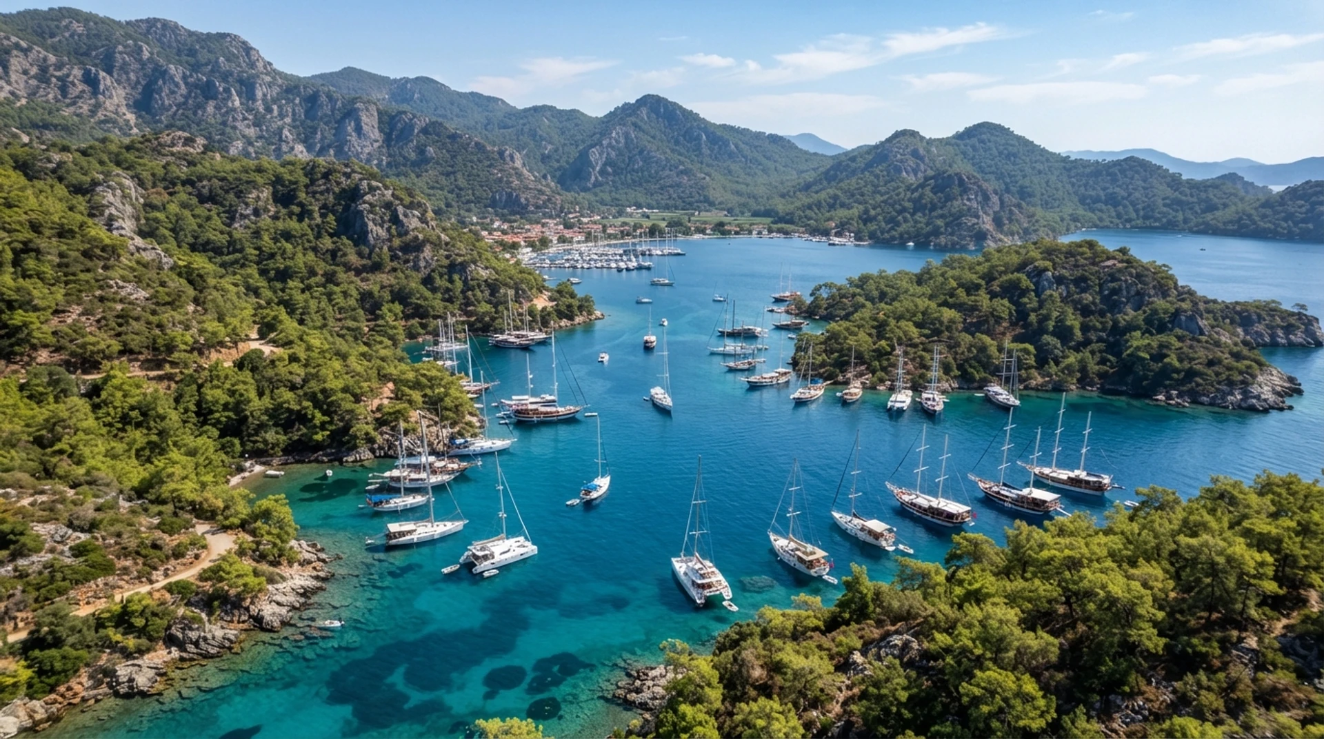 Çam ormanlı Göcek koylarında demirli yelkenliler ve yatlar – Göcek yat kiralama